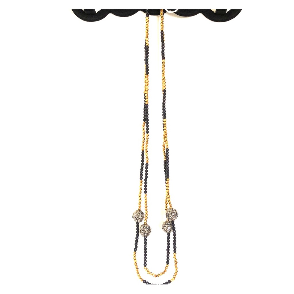 NEW, beautiful long necklace. Black and gold beads